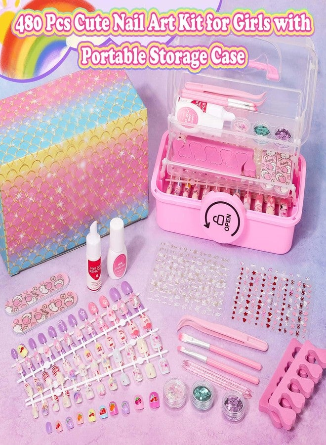 Audab 480 Pcs Kids Nails and Glue, Girls Press ons Nail Art Kit with Storage Case, Fake Nails Adhesive, Remover, Stickers, Glitter Cute Stuff Gift for Girls 8-12 - Image 2